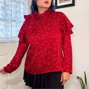 Zara Valentines Red Blouse Silk Hearts Long Sleeve Size L